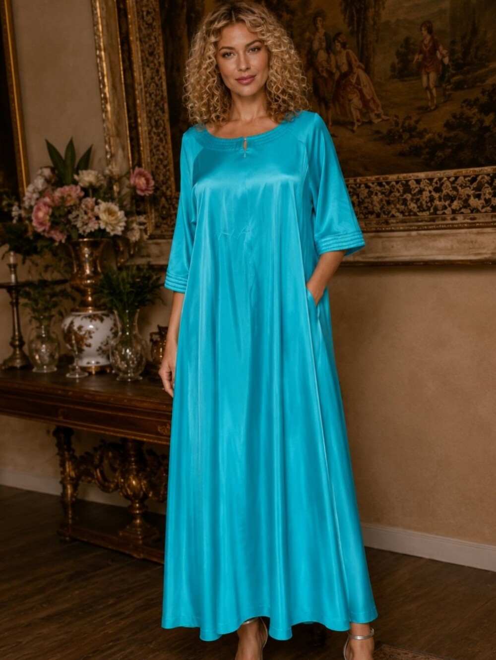 Vintage Vanity Fair Turquoise Satin Hostess Caftan Gown